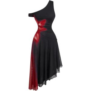 imageMakeMeChic Womens Floral Print Asymmetrical Neck Sleeveless Ruched Ruffle Midi DressBlack