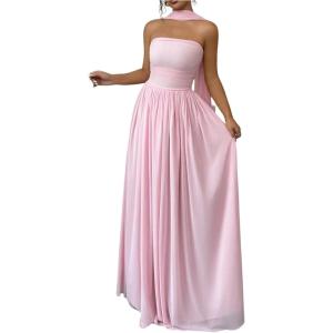 imageMakeMeChic Womens Mesh Strapless Tube Dress Ruched Sleeveless Cocktail Maxi Dresses with ScarfPink