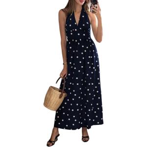 imageMakeMeChic Womens Polka Dots Halter Dress Backless Flowy Party Maxi DressesBlack and White