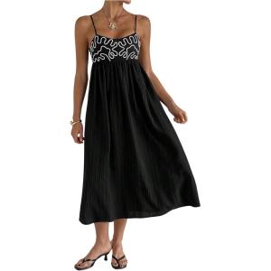 imageMakeMeChic Womens Scoop Neck Cami Dress Spaghetti Strap Shirred Flowy Summer Midi Dress SundressBlack