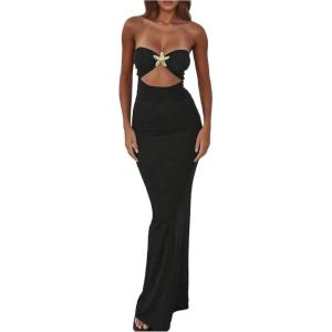 imageMakeMeChic Womens Strapless Dress Starfish Cut Out Sleeveless Bodycon Tube Maxi DressesBlack