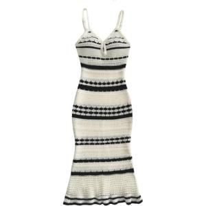 imageMakeMeChic Womens Striped V Neck Sweater Dress Ruffle Hem Knit Bodycon Cami Midi DressesBlack and White