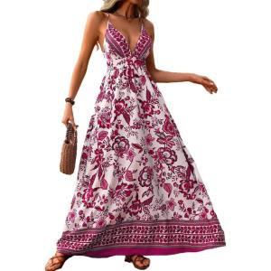 imageMakeMeChic Womens Summer Blue and White Floral Dress Boho Backless Maxi Sundress Spaghetti Strap Flowy DressRose Red