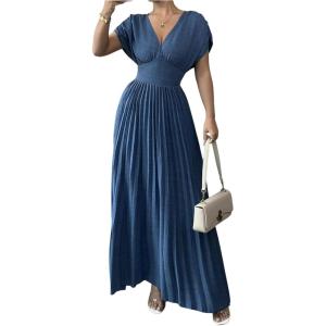 imageMakeMeChic Womens Summer Maxi Dress Short Sleeve Wrap Cross Front V Neck High Waist Casual Long DressesBlue