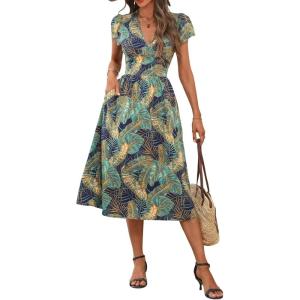 imageMakeMeChic Womens Summer V Neck Puff Short Sleeve Flowy Boho Floral Midi Dress with Pockets 2025Multicolor B