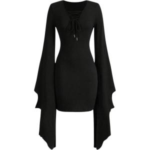 imageMakeMeChic Womens V Neck Flounce Sleeve Lace Up Mini Dress Bodycon Skinny Short DressesBlack