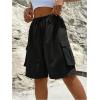 imageMakeMeChic Womens Drawstring Elastic Waist Loose Wide Leg Cargo Bermuda Shorts with PocketBlack