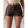 imageMakeMeChic Womens PU Leather Lace Up Shorts Rivet Studded Summer Vintage 90s Mini ShortsBrown