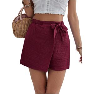 imageMakeMeChic Womens Bow Knot Skorts Wrap Front Wide Leg High Waisted Summer ShortsBurgundy