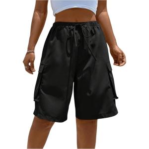 imageMakeMeChic Womens Drawstring Elastic Waist Loose Wide Leg Cargo Bermuda Shorts with PocketBlack