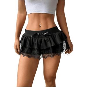 imageMakeMeChic Womens Floral Lace Bow Knot Shorts Tiered Layer Ruffle Summer Mini Shorts Black Small