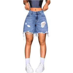 imageMakeMeChic Womens Ripped Raw Trim Jean Shorts Drop Waist Casual Bermuda Denim ShortsBlue a