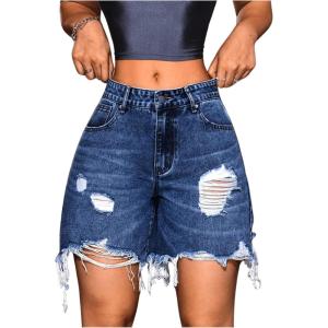 imageMakeMeChic Womens Ripped Raw Trim Jean Shorts Drop Waist Casual Bermuda Denim ShortsDark Blue
