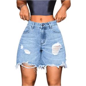 imageMakeMeChic Womens Ripped Raw Trim Jean Shorts Drop Waist Casual Bermuda Denim ShortsLight Blue