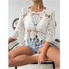 imageMakeMeChic Womens Crew Neck Crochet Swimsuit Cover Up 34 Sleeve Scallop Trim Beach CoverupWhite
