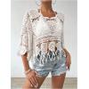 imageMakeMeChic Womens Crew Neck Crochet Swimsuit Cover Up 34 Sleeve Scallop Trim Beach CoverupWhite