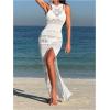 imageMakeMeChic Womens Crochet Sheer Halter Cover Up Dress Sleeveless Split Thigh Beach DressesWhite