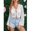 imageMakeMeChic Womens Floral Crochet Sheer Crop Cover Up Tie Front Long Sleeve Beach Cardigan CoverupsWhite