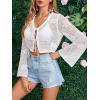 imageMakeMeChic Womens Floral Crochet Sheer Crop Cover Up Tie Front Long Sleeve Beach Cardigan CoverupsWhite