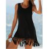 imageMakeMeChic Womens Fringe Hem Bikini Cover Up Sleeveless A Line Summer Short Beach DressBlack
