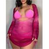 imageMakeMeChic Womens Plus Size Cover Up Dress Sheer Long Sleeve Drawstring Beach Mini DressesHot Pink