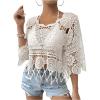 imageMakeMeChic Womens Crew Neck Crochet Swimsuit Cover Up 34 Sleeve Scallop Trim Beach CoverupApricot
