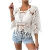 imageMakeMeChic Womens Crew Neck Crochet Swimsuit Cover Up 34 Sleeve Scallop Trim Beach CoverupWhite