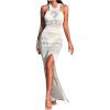 imageMakeMeChic Womens Crochet Sheer Halter Cover Up Dress Sleeveless Split Thigh Beach DressesWhite
