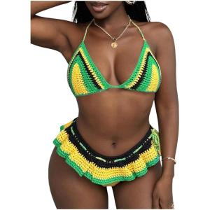 imageMakeMeChic Womens 2 Piece Beach Crochet Cover Ups Striped Halter Tie Back Summer Swimsuit Cover UpMulticolor