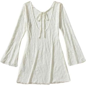 imageMakeMeChic Womens Bell Sleeve Scoop Neck Tie Front Lace Beach Swim Dress Summer Cover Up