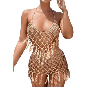 imageMakeMeChic Womens Cover Up Sets Halter Tie Back Fringe Hollow Out Swimsuit CoverupKhaki
