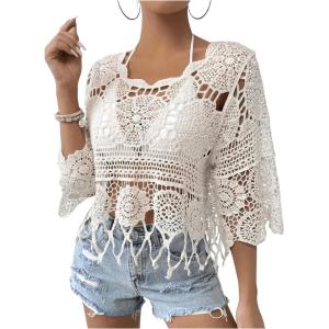 imageMakeMeChic Womens Crew Neck Crochet Swimsuit Cover Up 34 Sleeve Scallop Trim Beach CoverupApricot