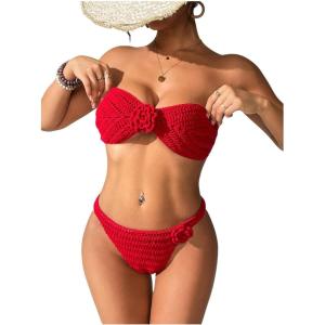imageMakeMeChic Womens Crochet Cover Up Set 3D Flower Strapless Bandeau Tie Backless Swimsuit CoverupsRed