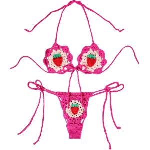 imageMakeMeChic Womens Crochet Knit Cover Up Set Strawberry Halter Bikini Top and Thong Swimsuit SetMulticolor