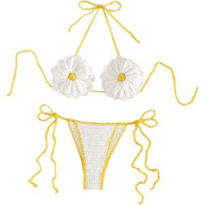 imageMakeMeChic Womens Crochet Knit Cover Up Set Strawberry Halter Bikini Top and Thong Swimsuit SetWhite and Yellow