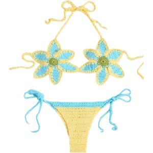imageMakeMeChic Womens Crochet Knit Cover Up Set Strawberry Halter Bikini Top and Thong Swimsuit SetYellow