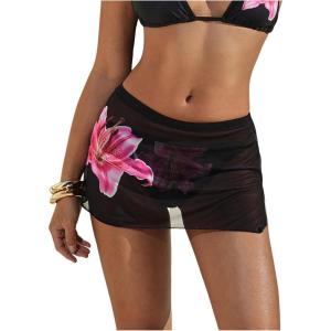 imageMakeMeChic Womens Floral Bikini Cover Up Skirts Mesh Sheer Split Hem Beach Skirt CoverupsBlack