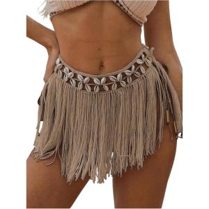 imageMakeMeChic Womens Fringe Skirt Cover Ups Tie Side Swimwear Beach Mini SkirtsKhaki