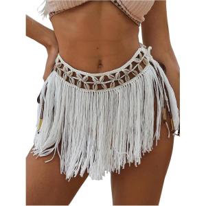 imageMakeMeChic Womens Fringe Skirt Cover Ups Tie Side Swimwear Beach Mini SkirtsWhite