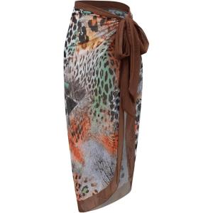 imageMakeMeChic Womens Leopard Print Tie Side Coverup Skirt Contrast Binding Beach Skirts