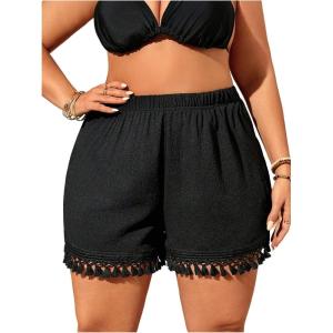 imageMakeMeChic Womens Plus Size Beach Shorts Bottom Tassel Hem Elastic Waist Summer Cover Up ShortsBlack