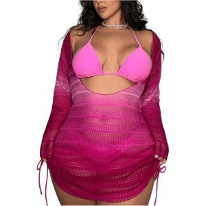 imageMakeMeChic Womens Plus Size Cover Up Dress Sheer Long Sleeve Drawstring Beach Mini DressesHot Pink