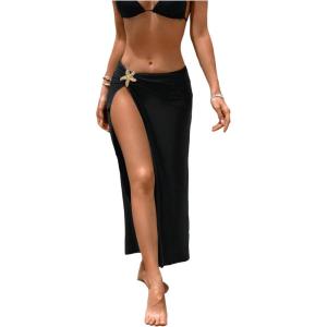 imageMakeMeChic Womens Swim Beach Cover Ups Split Thigh Starfish Midi Skirt Bathing SuitBlack