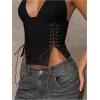 imageMakeMeChic Womens Corset Halter Tops Halloween Lace Up Corset Tops Y2K Cowgirl Crop TopBlack
