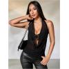 imageMakeMeChic Womens Mesh Tie Open Back Halter Tops Draped Y2k Tank with Metal Ring Bendeau BraBlack
