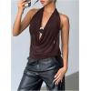 imageMakeMeChic Womens Mesh Tie Open Back Halter Tops Draped Y2k Tank with Metal Ring Bendeau BraBrown