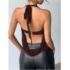 imageMakeMeChic Womens Mesh Tie Open Back Halter Tops Draped Y2k Tank with Metal Ring Bendeau BraBrown