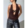 imageMakeMeChic Womens Mesh Tie Open Back Halter Tops Draped Y2k Tank with Metal Ring Bendeau BraBrown