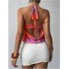 imageMakeMeChic Womens Mesh Tie Open Back Halter Tops Draped Y2k Tank with Metal Ring Bendeau BraOrange