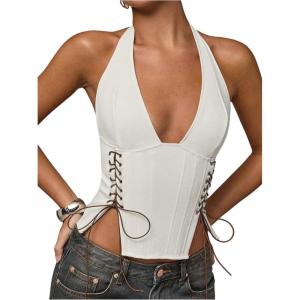 imageMakeMeChic Womens Corset Halter Tops Halloween Lace Up Corset Tops Y2K Cowgirl Crop TopLight White